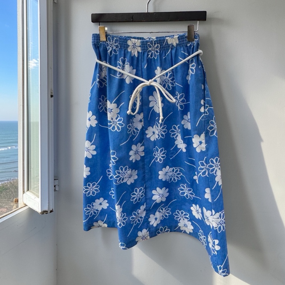 Vintage Women’s Blue Floral Print Rope Tie Elastic Waist Skirt with Pockets Sz S